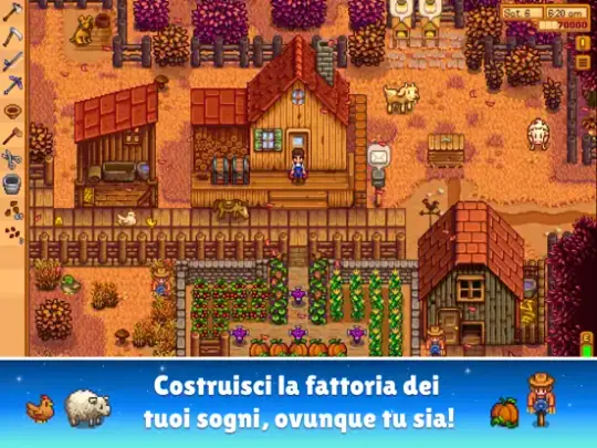 Scena di gioco con una fattoria pixel-art in autunno